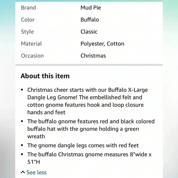 NWT Mud Pie X-Large Dangle Leg Gnome, Buffalo - Picture 3 of 3